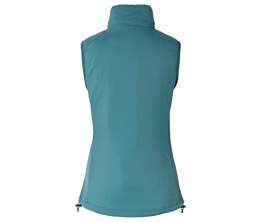Rückansicht einer türkisfarbenen ärmellosen Weste mit Stehkragen.