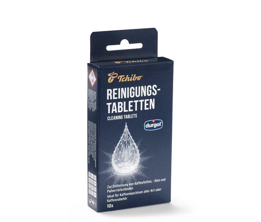 Verpackung der durgol® Reinigungstabletten für Kaffeeöle von Tchibo.