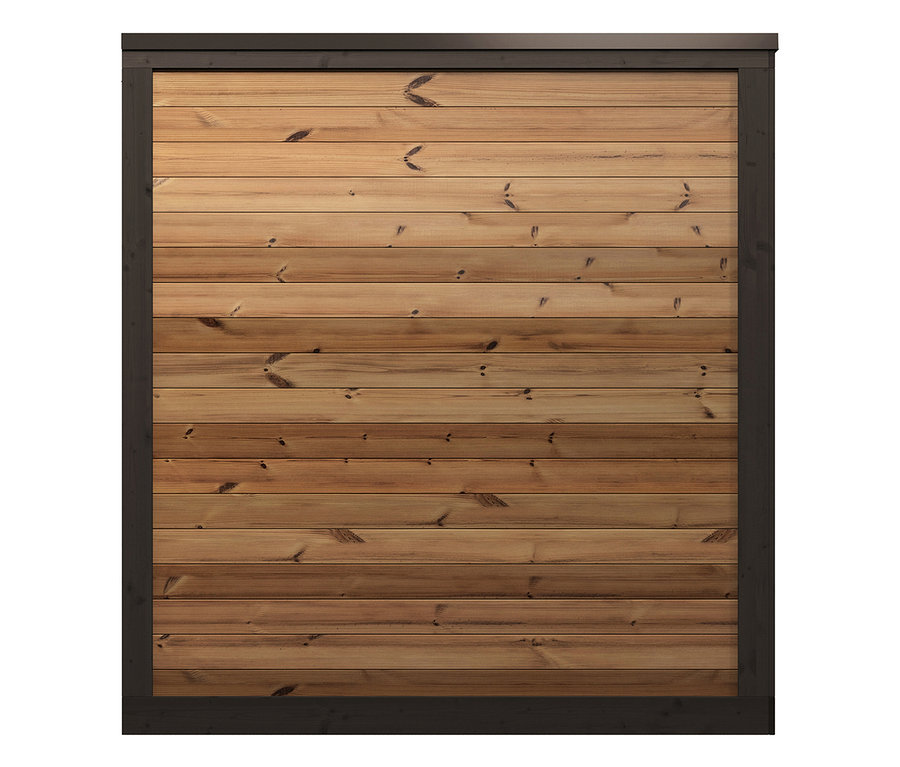 Rechteckiges Zaunfeld mit horizontalen hellbraunen Holzlatten und einem dunklen Holzrahmen.