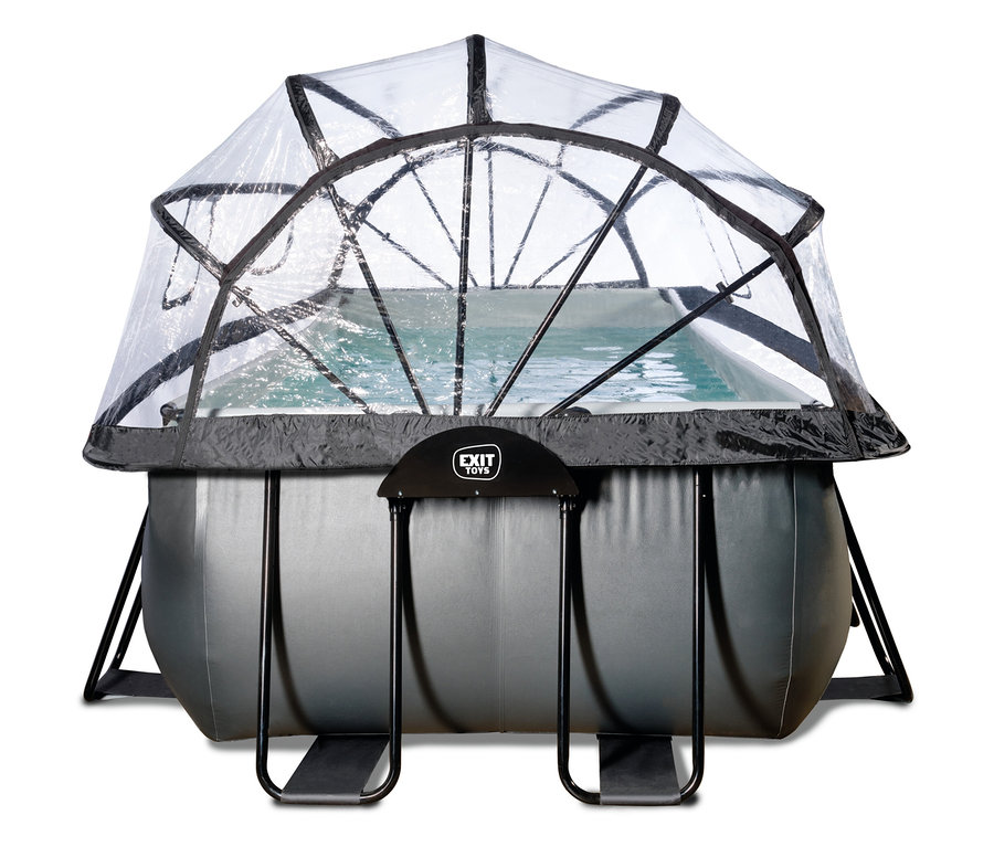 Ein rechteckiges EXIT Pool-Set, Lederoptik, 540 x 250 cm mit schwarzem Stützrahmen und einer transparenten, kuppelförmigen Abdeckung.