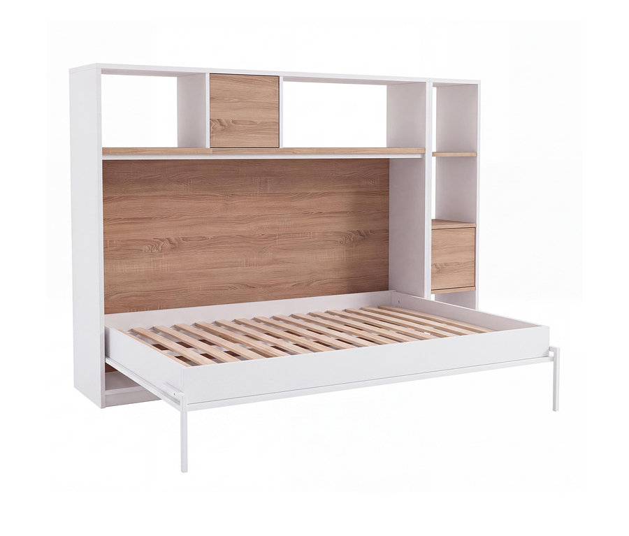 Weißes Roba Wandklappbett #Verso# mit ausgeklapptem Bettrahmen, Lattenrost und weißen Metallbeinen. Darüber ist ein weißes Regal mit Holzrückwand, offenen Fächern und zwei kleinen Holzschubladen.