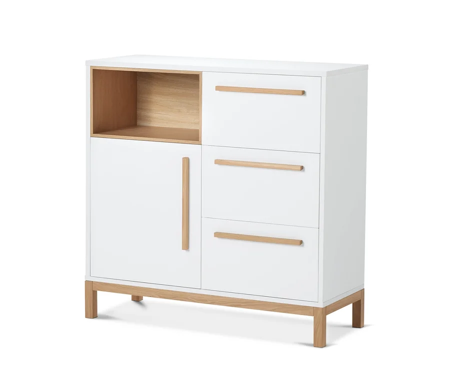 Weißes Badezimmer-Sideboard mit einer Tür, einem offenen Regal und drei Schubladen.