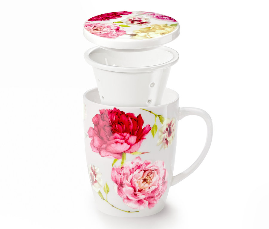 Eine Teetasse mit Sieb und Deckel mit Blumenmuster im Auseinandergebauten Zustand.