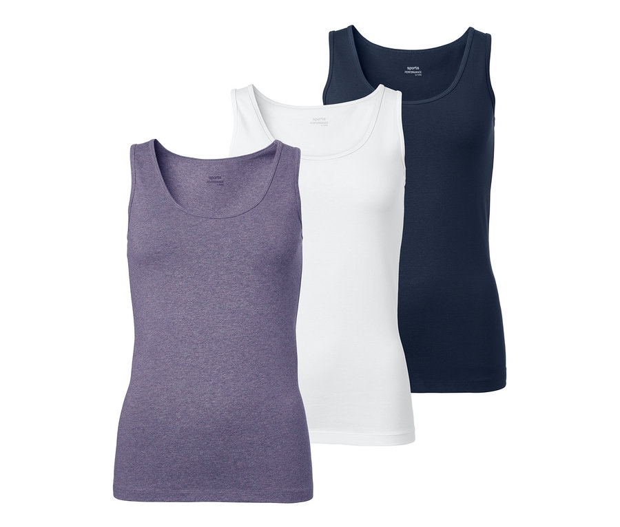 Drei Tops in Lila, Weiß und Dunkelblau.