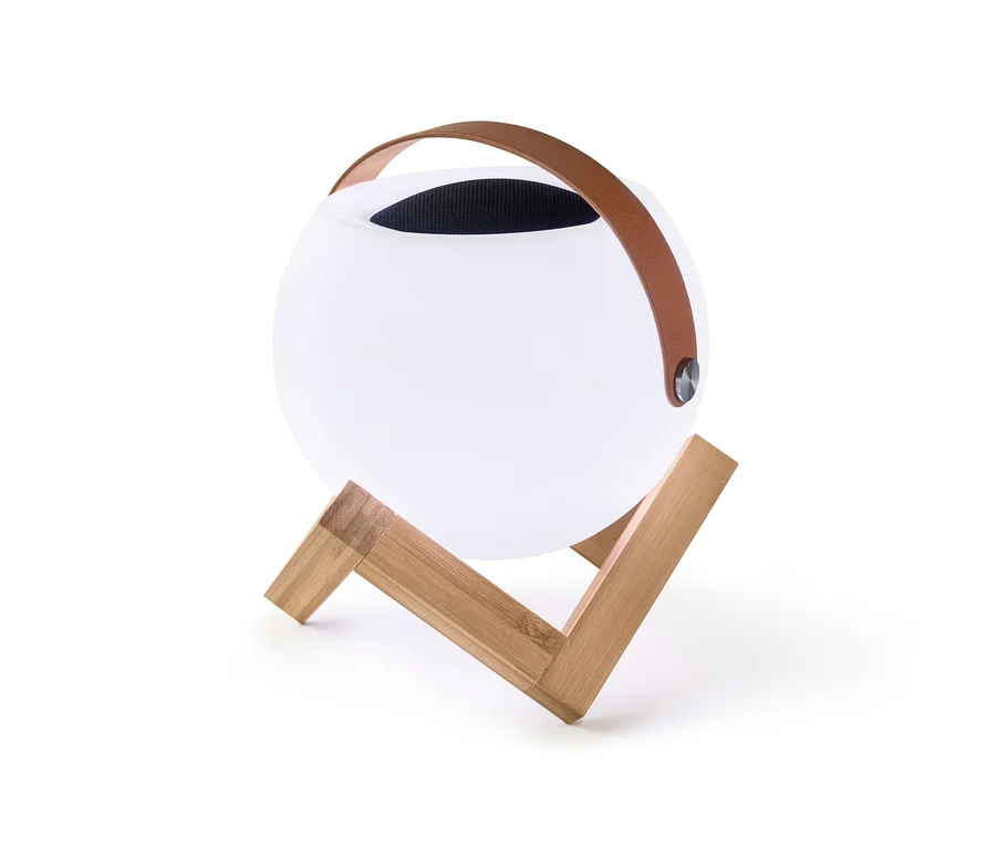 Ein Dual-Bluetooth®-Lautsprecher »BTP 2 BS« mit Lichteffekt steht auf einem Holzständer.