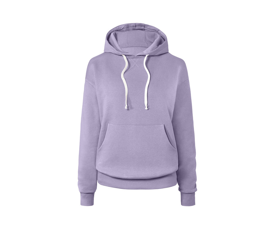 Fliederfarbenes Kapuzensweatshirt mit weißem Kordelzug.