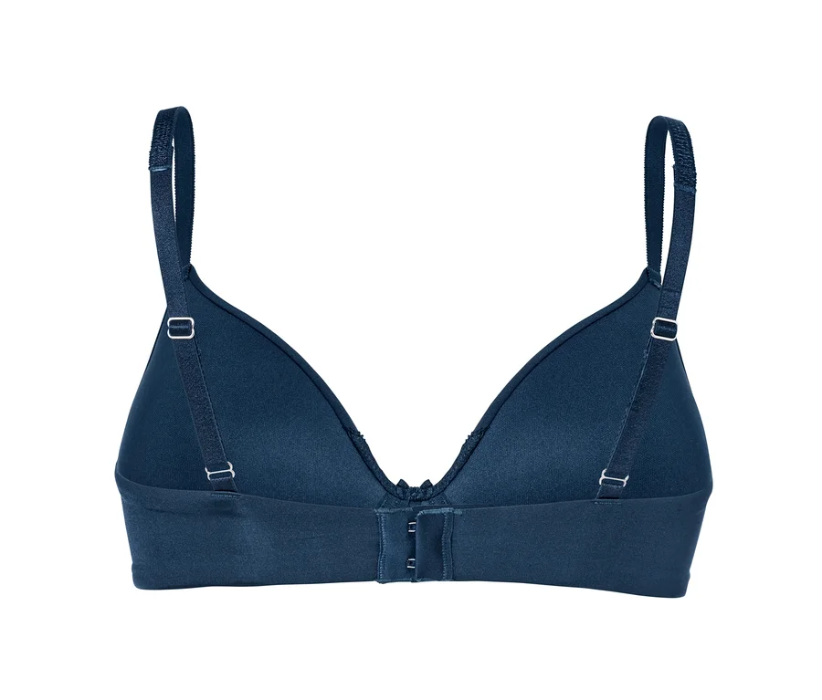 Detailansicht von hinten eines blauen Softschalen-BHs.