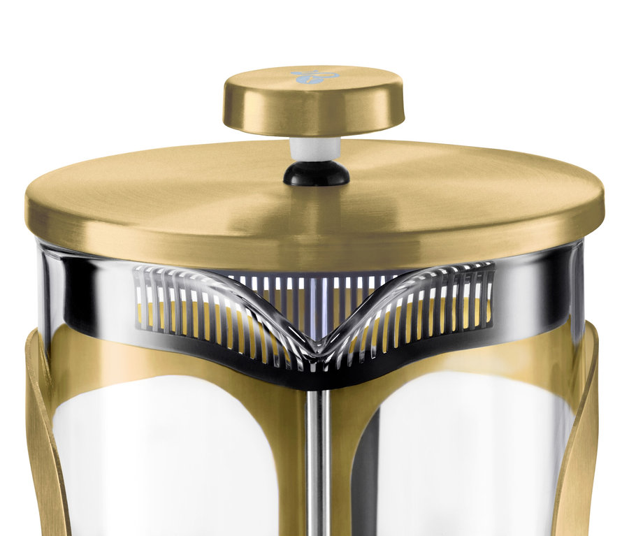 Detail einer goldenen Siebstempelkanne für 6 Tassen.