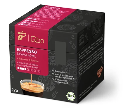 Eine Packung Qbo Espresso SIDAMA ROYAL mit 27 Kapseln.