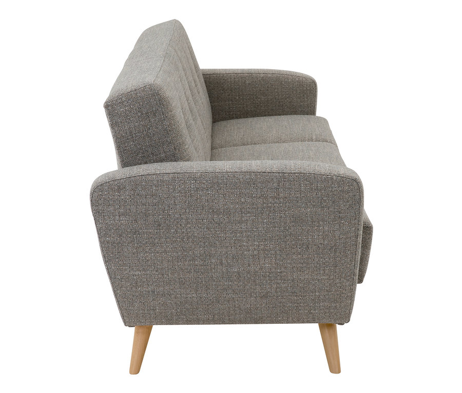 Seitliche Aufnahme eines grauen 3-Sitzer-Schlafsofas »Justus« aus grau meliertem Webstoff.