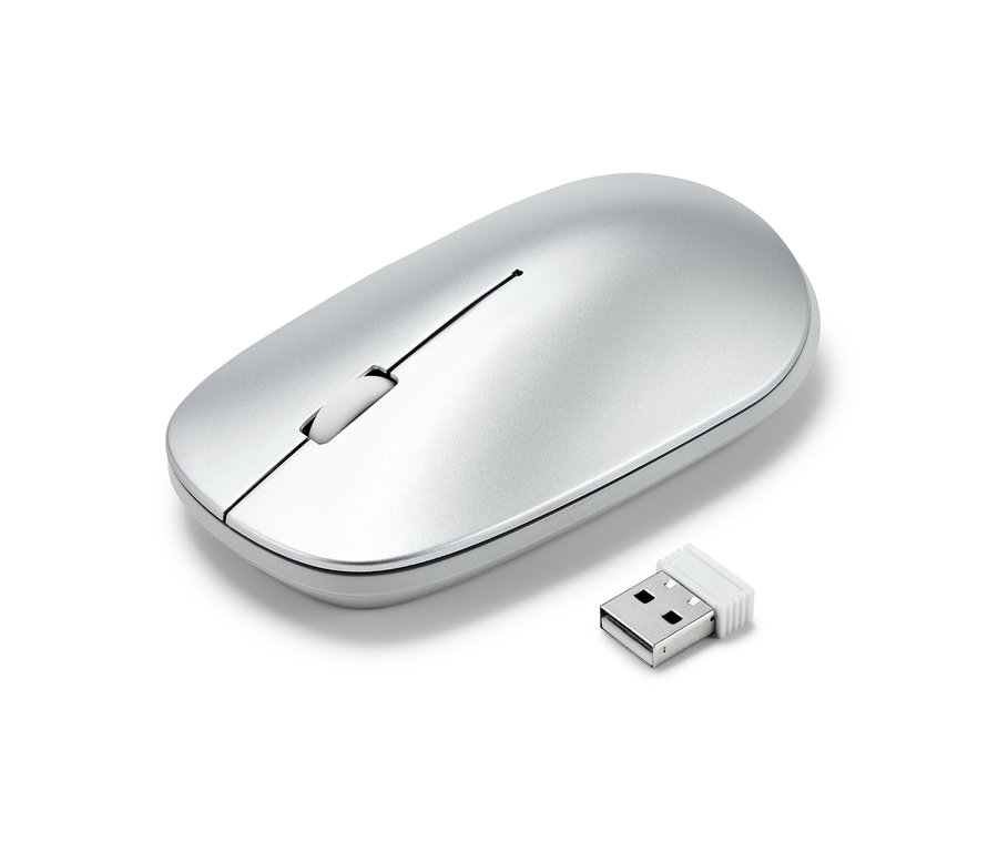 Eine kabellose Maus und ein USB-Empfänger liegen auf einem weißen Hintergrund.