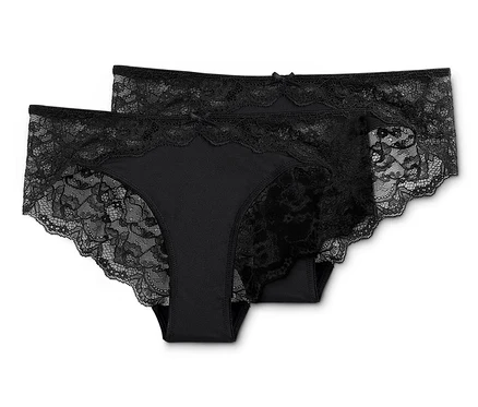 Zwei schwarze Brazilslips mit Spitze.
