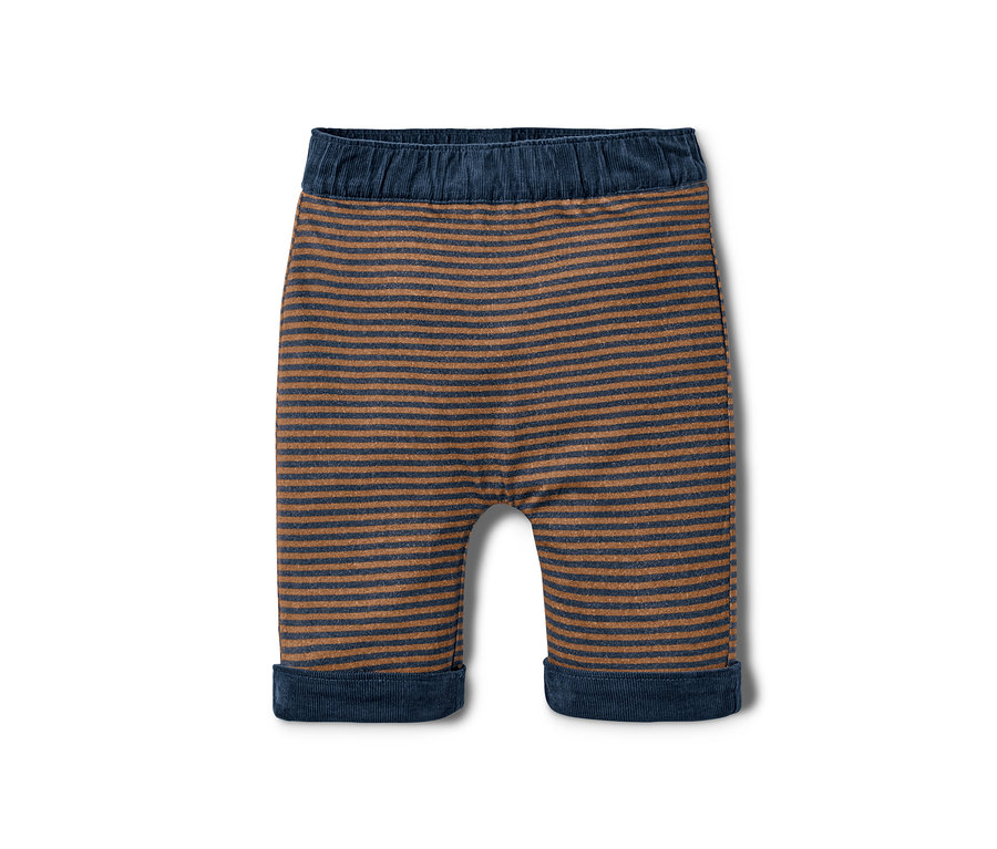Eine Wende-Schlupfhose mit braunen und dunkelblauen Streifen.