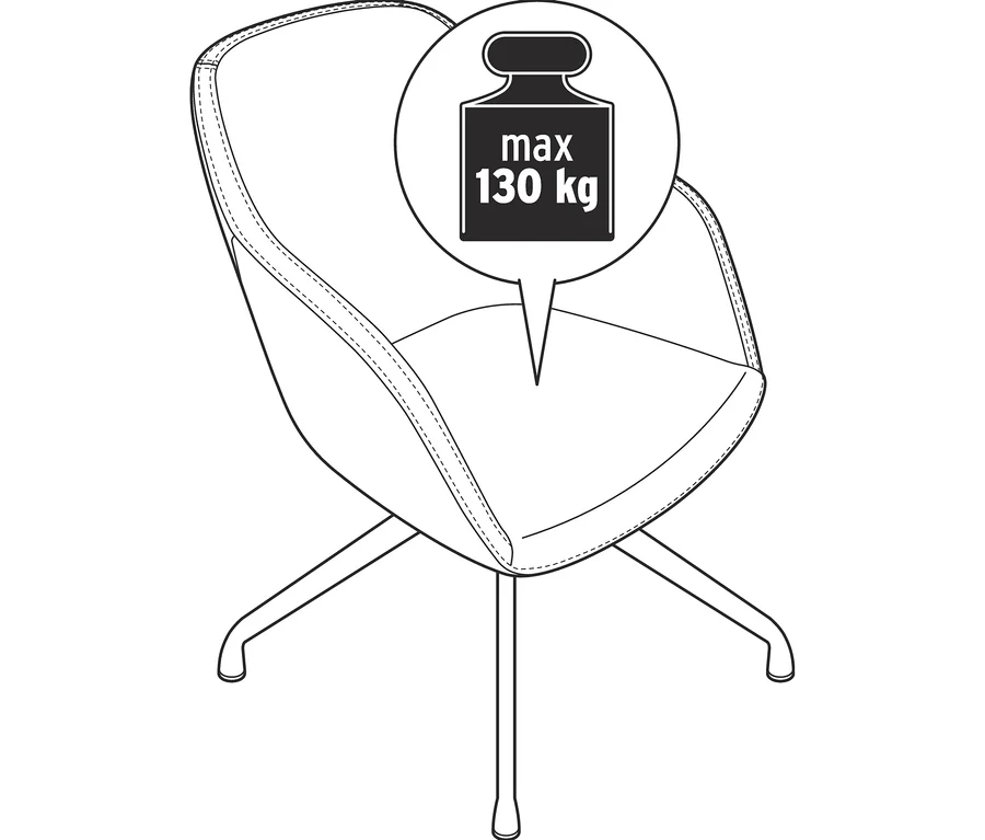 Illustration eines gepolsterten Drehstuhls aus Kunstleder mit maximaler Belastbarkeit von 130 kg.