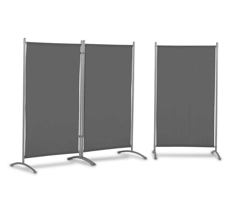 Zwei verbundene und ein einzelner anthrazitfarbener Leco Stellwand, 3-teilig.