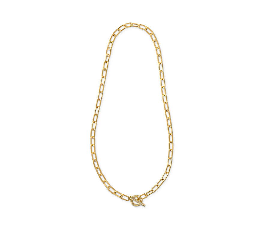 Goldene Kette Toggle mit Kristallbesatz auf weißem Hintergrund.