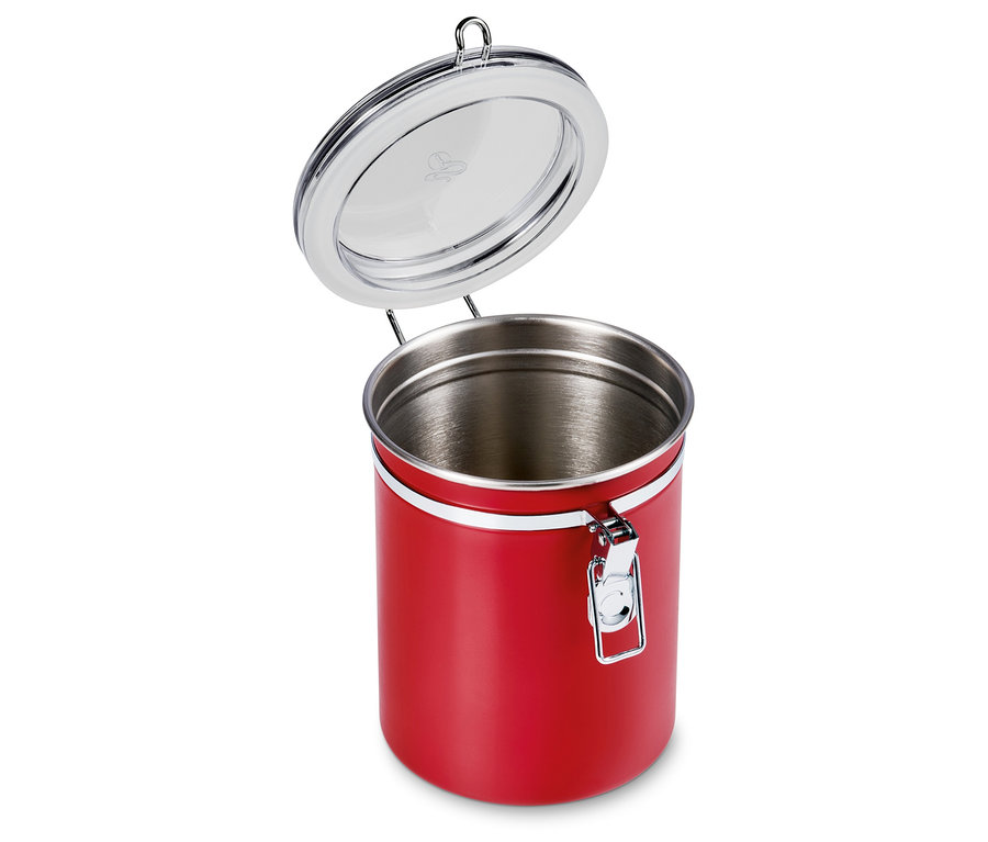 Eine rote Aromadose mit offenem Deckel.