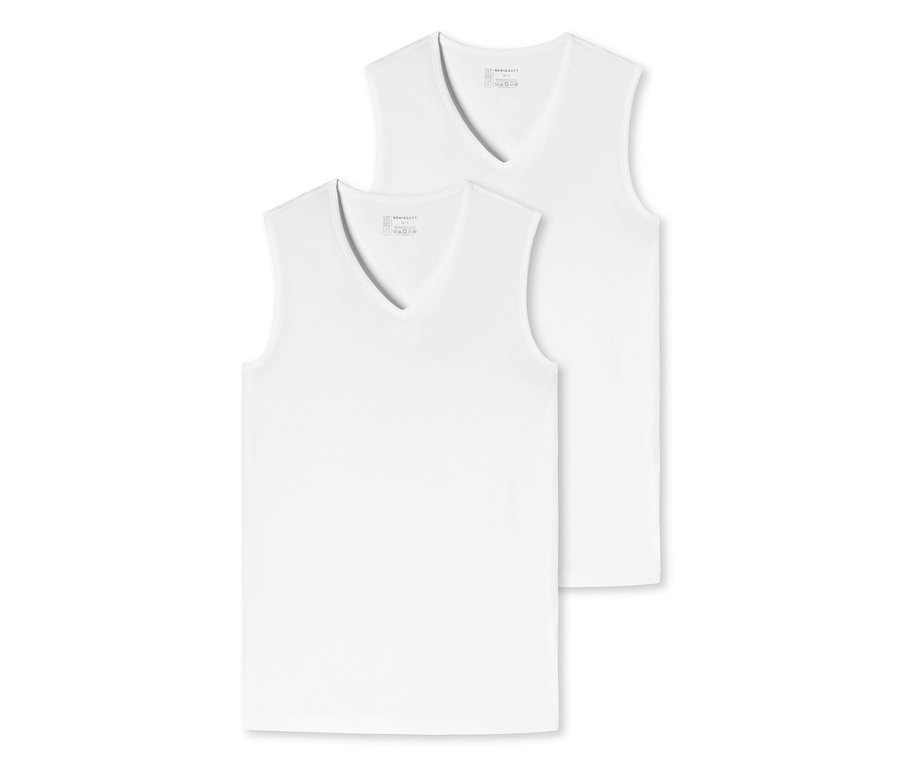 Zwei weiße SCHIESSER Tanktops mit Bio-Baumwolle liegen übereinander.
