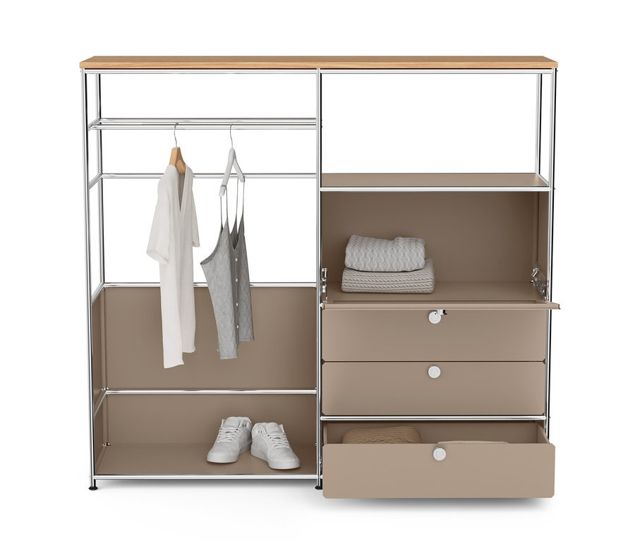 Kommode Metall »CN3« mit Holzplatte, einer Kleiderstange, Klappfach, drei Schubladen, Kleidung und Schuhen, taupe.