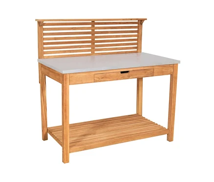 deVries Teak-Pflanztisch mit grauer Arbeitsfläche und Schublade.