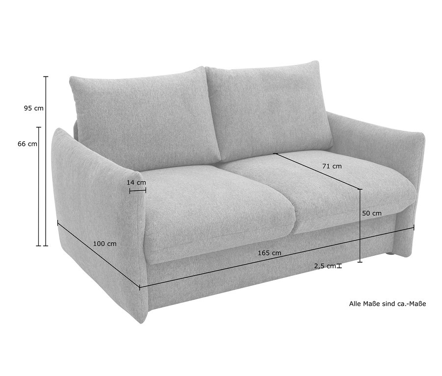 Abbildung eines grauen DOMO collection Schlafsofas 2-Sitzer »Helsinki« mit Maßangaben.