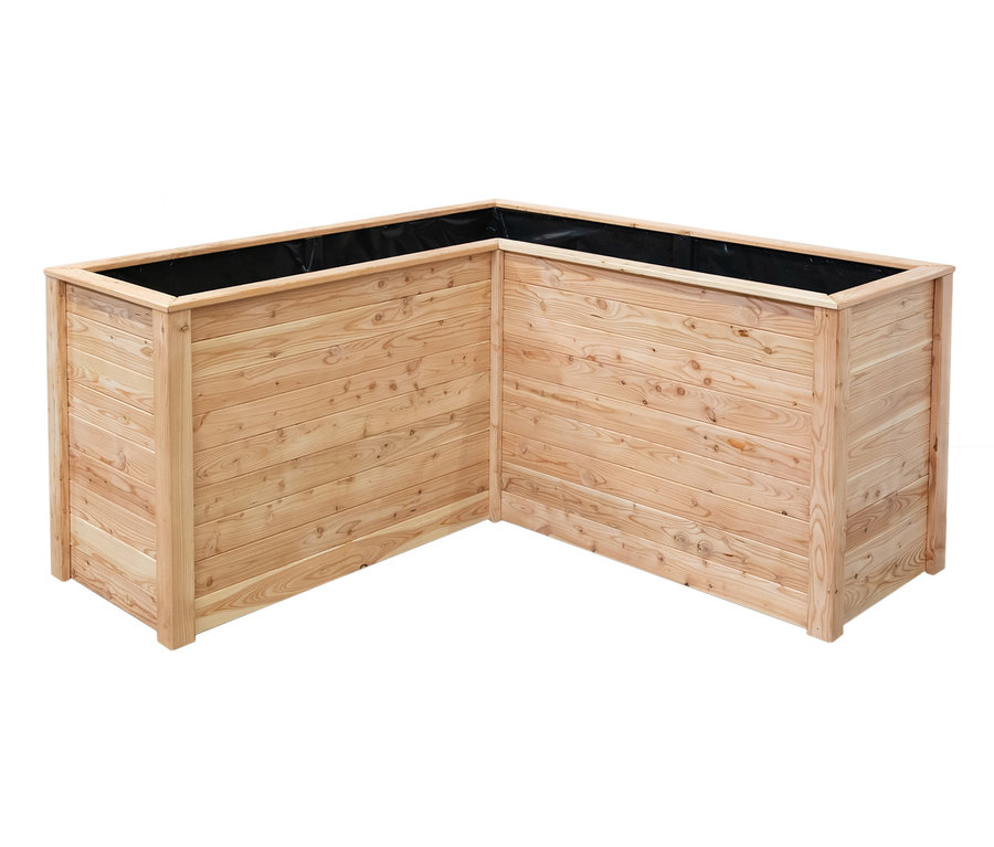 L-förmiges Hochbeet aus Lärchenholz.