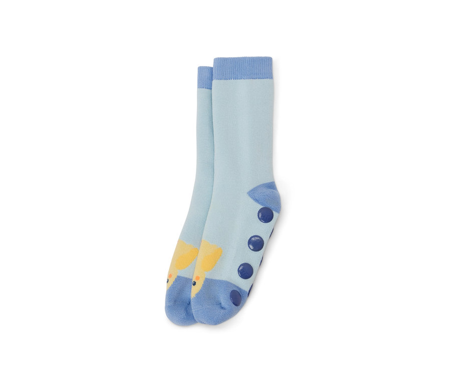 Hellblaue Kinder-Antirutsch-Socken, 2 Paar, mit Tiermotiv und Antirutsch-Noppen.