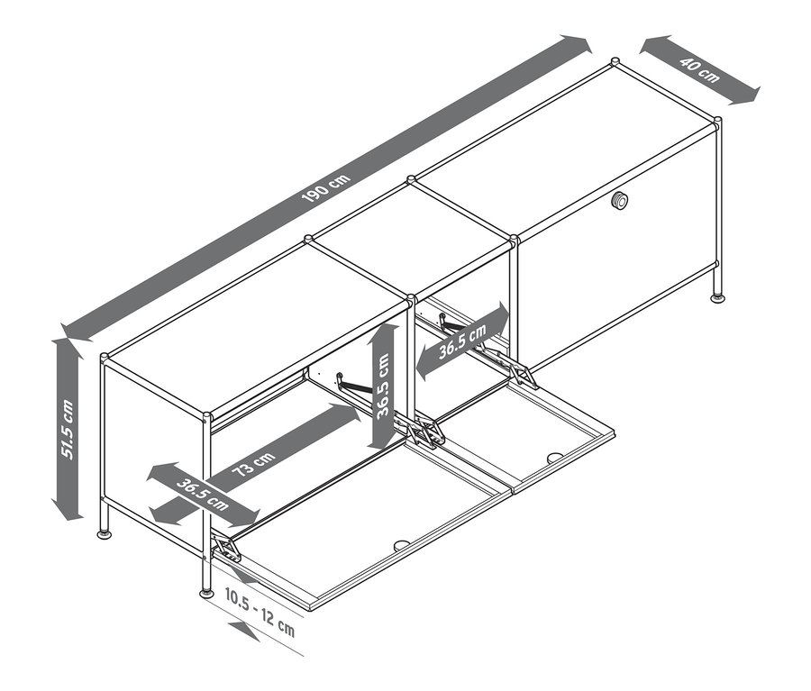 Schema eines Lowboards »CN3« mit 3 Klappen, mit Maßangaben.