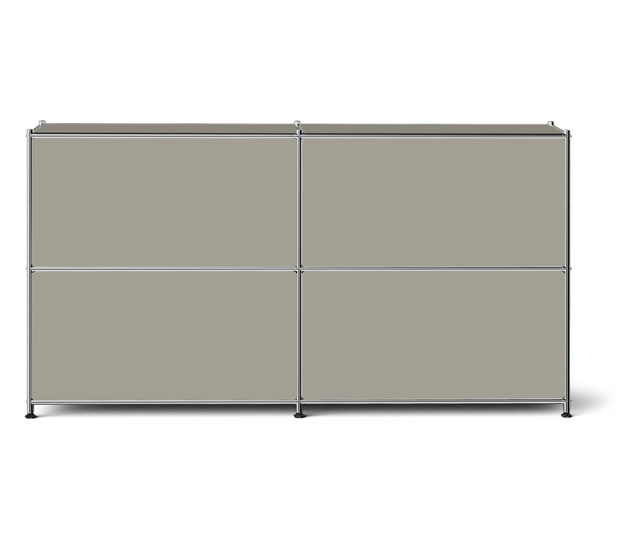 Grauer Schrank mit vier Fächern.