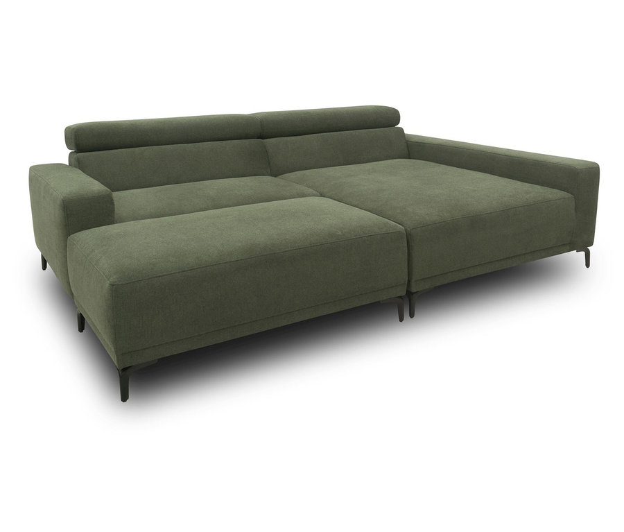 Grünes DOMO Eck-Schlafsofa mit Hocker, rechtsbündig.
