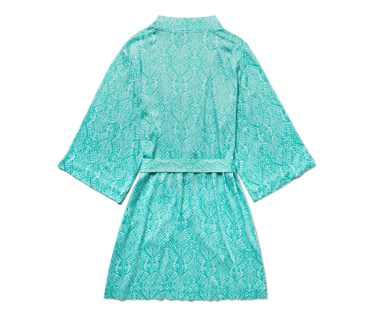 Türkisfarbener Morgenmantel mit weißem Muster, Rückansicht.