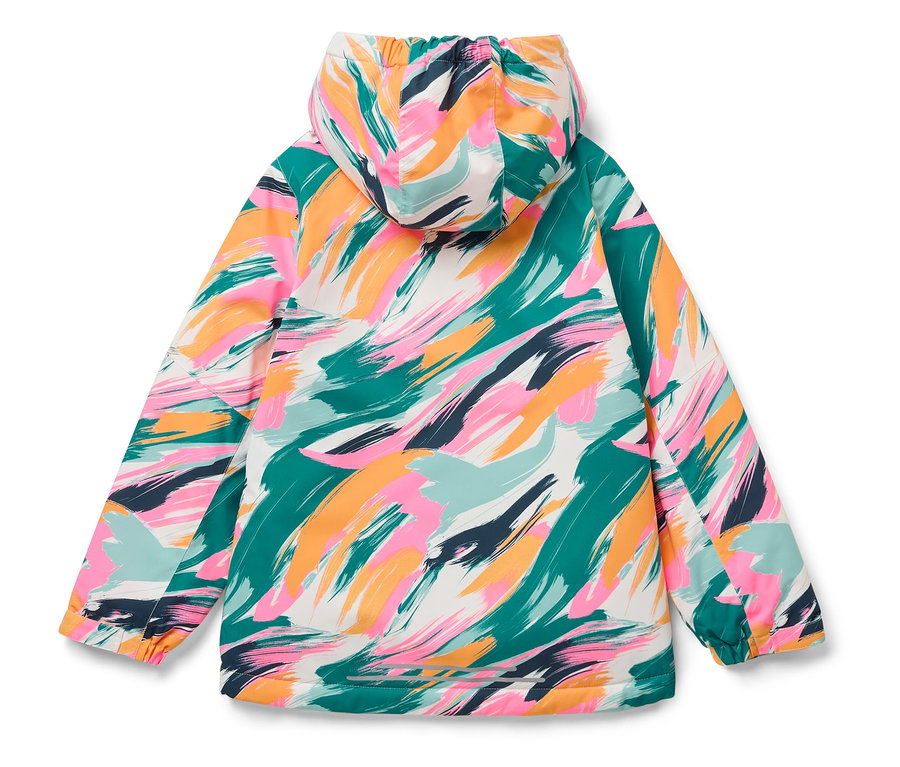 Eine Kapuzenjacke mit Pinselstrichmuster in Grün, Orange, Pink und Blau.