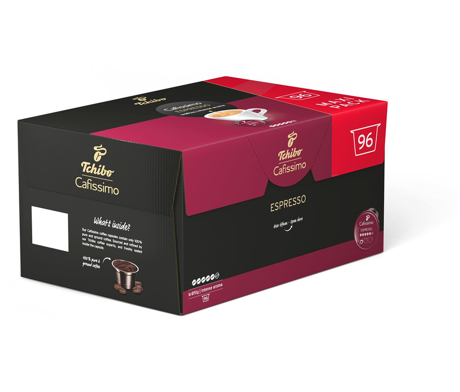 Packung Cafissimo Espresso kräftig - 96 Kapseln von Tchibo in Schwarz, Rot und Weiß.