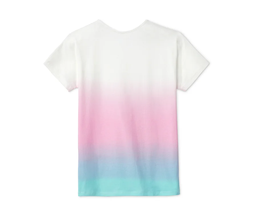 Weißes T-Shirt mit pinkem und türkisem Farbverlauf.
