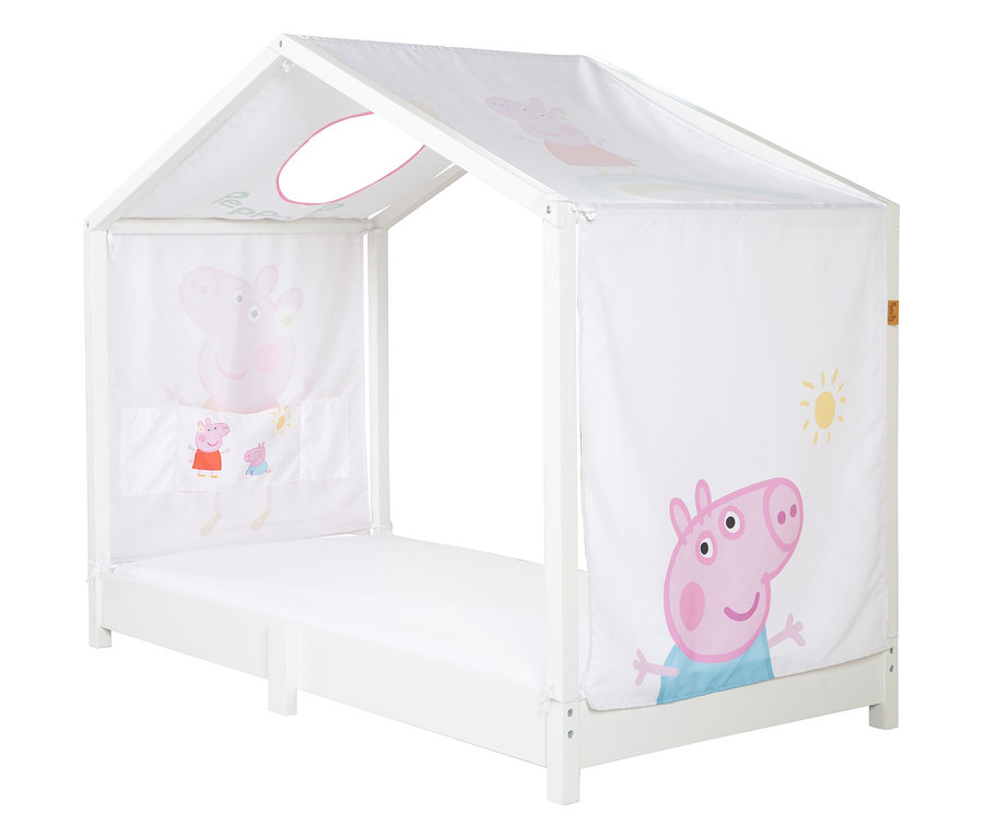 Weißes Kinderbett mit Peppa Pig-Motiven auf Stoffbahnen.