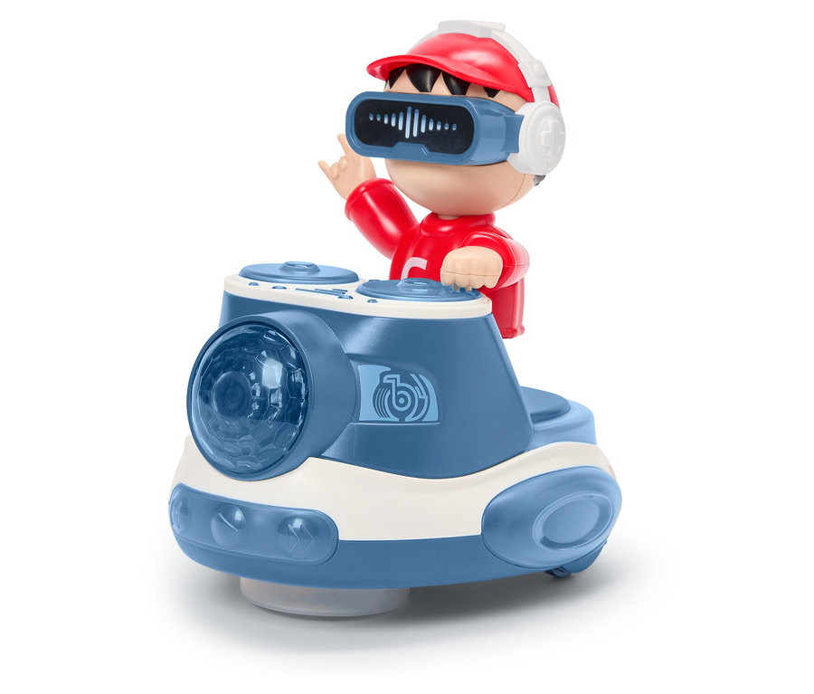 Spielzeug: Eine Jungenfigur in Rot mit Kappe und Kopfhörern auf einem blau-weißen Fahrzeug mit drehbaren Elementen.