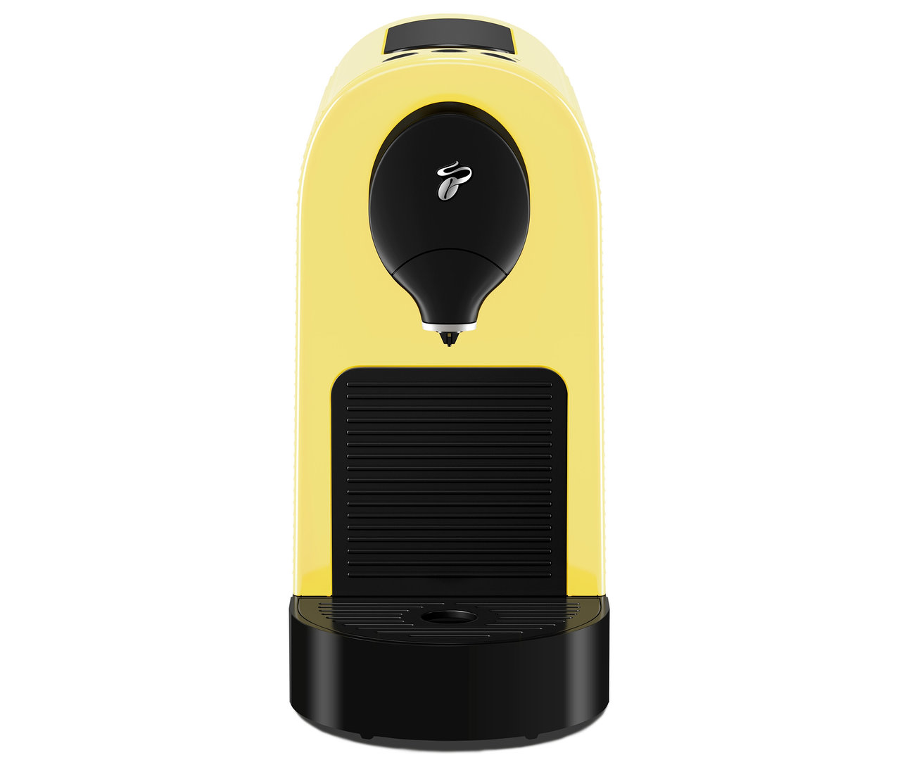 Gelbe Kaffeekapselmaschine mit schwarzem Auslauf und Abtropfschale.