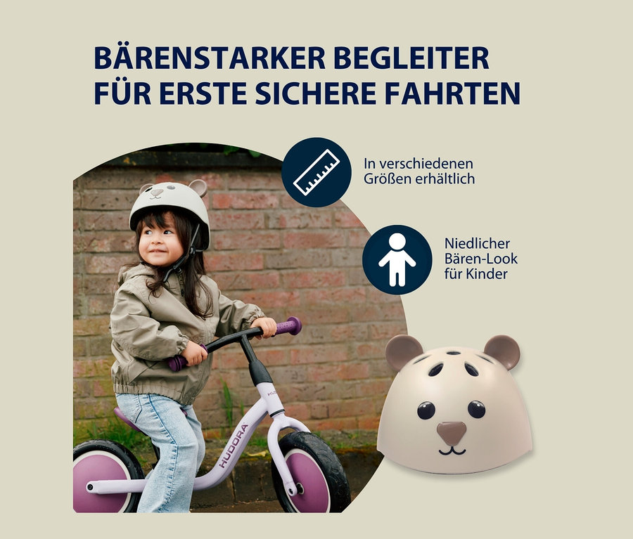 Kind auf einem Laufrad mit HUDORA Kinderhelm, Beary, 48–52 cm.