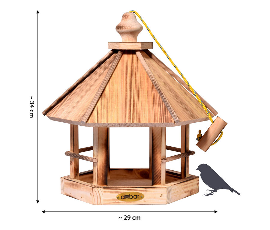 Ein hölzernes Vogelfutterhaus »Caliente« mit gelber Kordel zum Aufhängen und einer Vogelsilhouette.