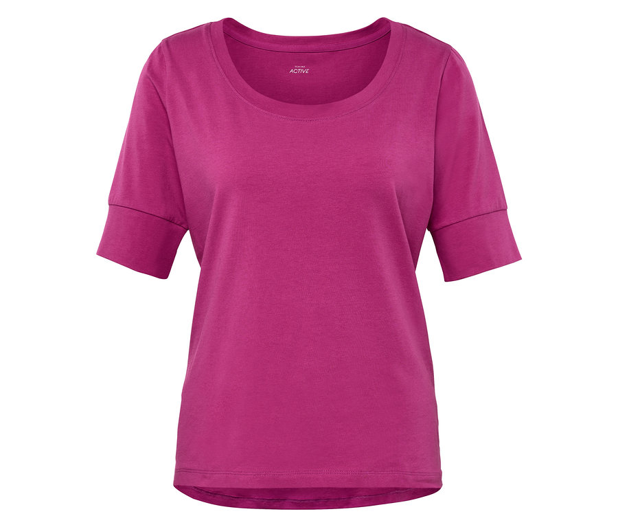Detailaufnahme eines pinkfarbenen Damen-T-Shirts mit kurzen Ärmeln.