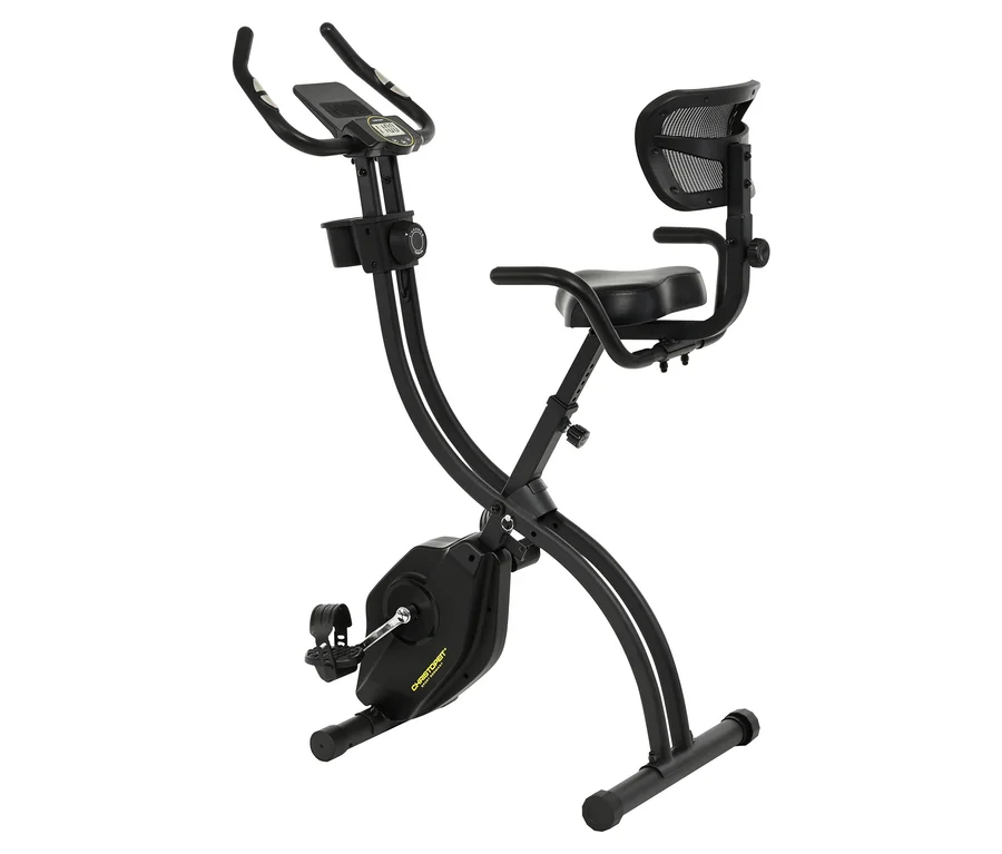 Schwarzer Heimtrainer mit Rückenlehne.