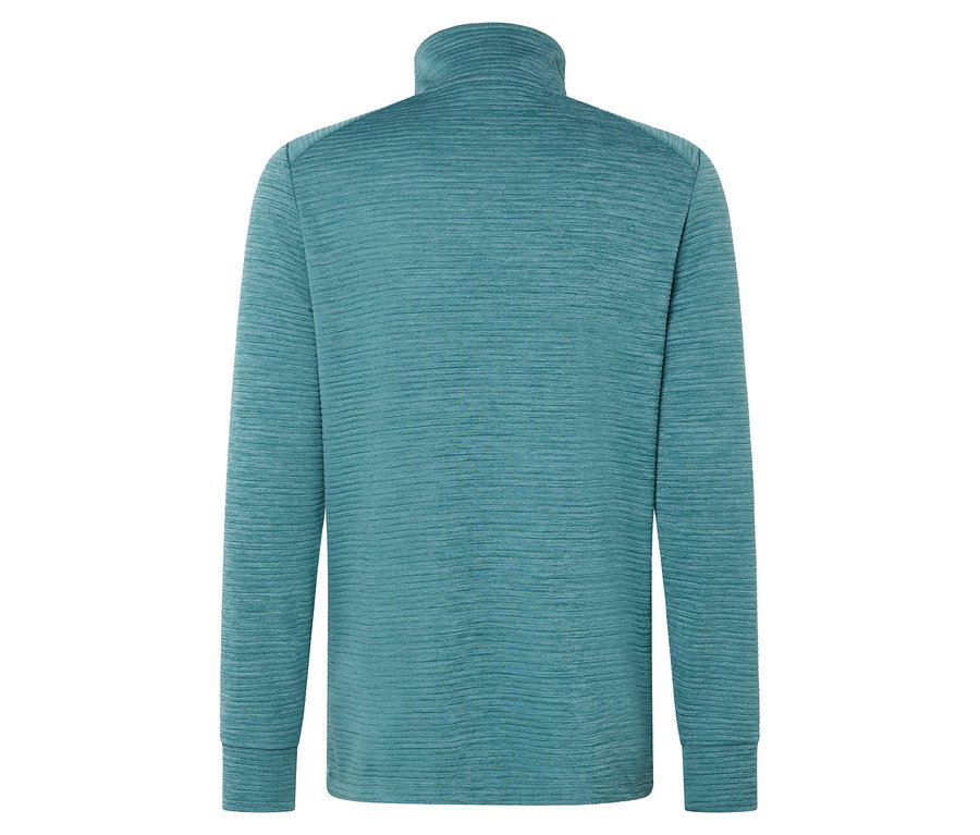 Rückansicht eines türkisfarbenen langärmeligen Oberteils mit hohem Kragen.