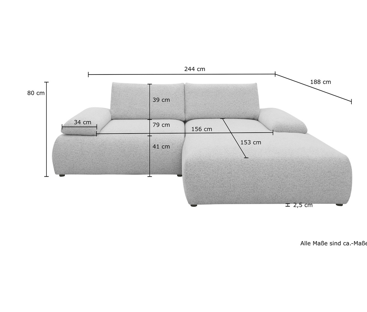 Maße des grauen DOMO Ecksofas »Bela« mit Longchair rechts und Armlehne mit Staufach.