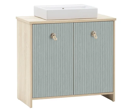 Waschtisch »Sonderby« in Nordic Blue Oak mit weißem Aufsatzwaschbecken und zwei Türen mit Seilgriffen.