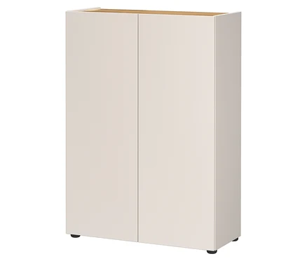 Ein cremefarbener Schrank mit zwei Türen steht auf einem weißen Hintergrund.