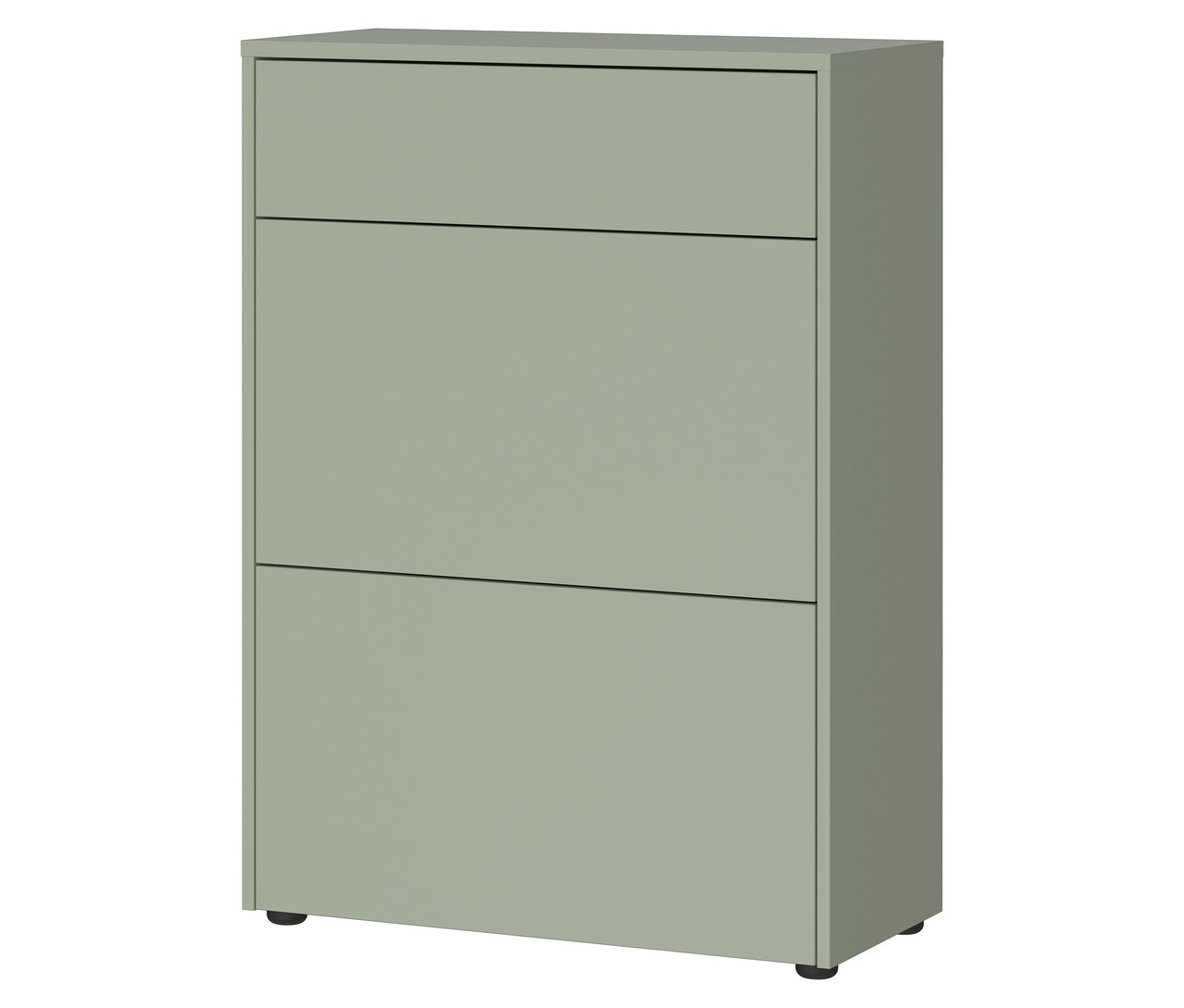 Grüner Schrank mit drei Schubladen.