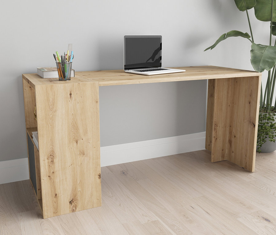Laptop steht auf dem Roba Set »Fortuna« Beistelltisch und Schreibtisch in Artisan-Eiche. Stifte und Bücher liegen daneben.