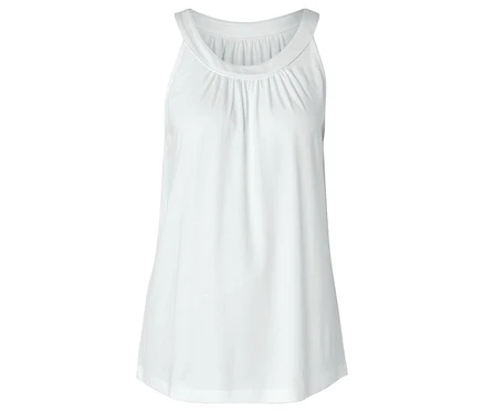 Weisses, ärmelloses Tanktop mit gerafftem Rundhalsausschnitt.