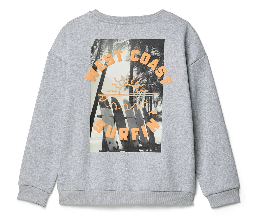 Grauer Pullover mit Aufdruck von Surfbrettern, Palmen und dem Schriftzug 'West Coast Surfing' auf der Rückseite.