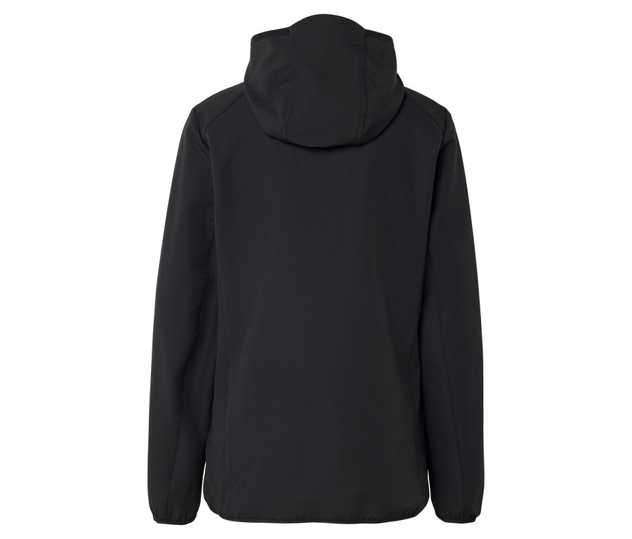 Rückansicht einer schwarzen Kapuzenjacke.